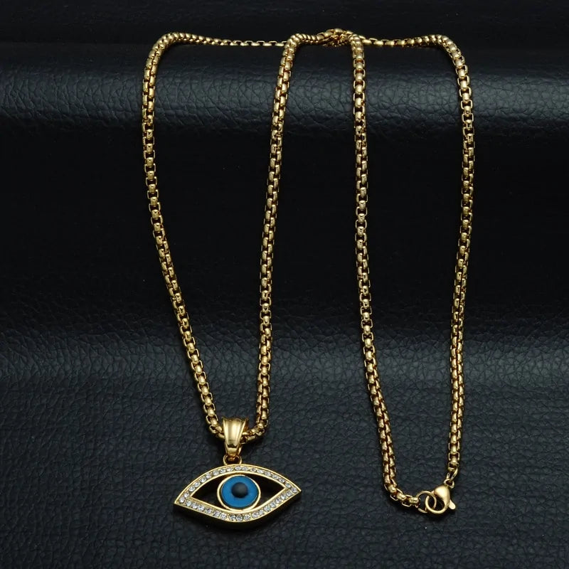 Men's Stainless Steel Bling Evil Eye Pendant Necklace with Natural Stone - Hip Hop Style