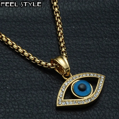 Men's Stainless Steel Bling Evil Eye Pendant Necklace with Natural Stone - Hip Hop Style